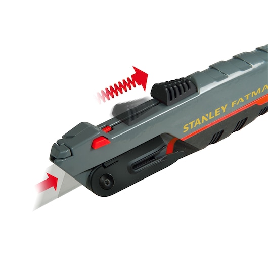 STANLEY 0-10-242 utility knife close-up with blade slider and red arrow illustrations on white background.