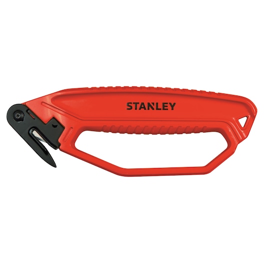 STANLEY 0-10-244 safety knife with red ergonomic handle, side view, on white background.