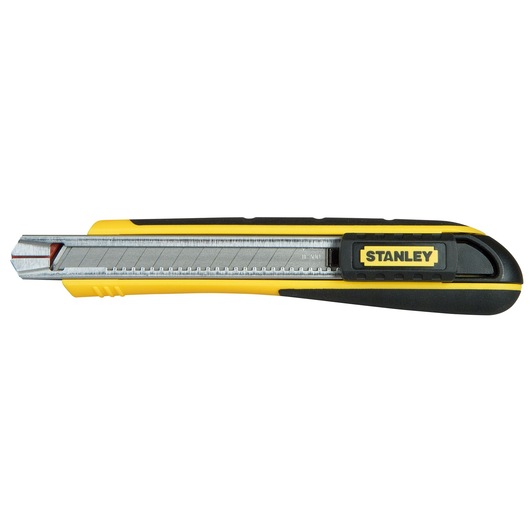 STANLEY 0-10-475 retractable utility knife, yellow and black, left side view on white background.