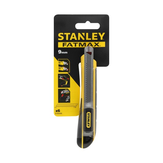 STANLEY 0-10-475 FATMAX 9mm snap-off utility knife, yellow and black, front packaging view.