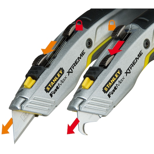 Photo of two STANLEY 0-10-789 FatMax XTREME utility knives, one with exposed blade and one showing a hook blade, white background.