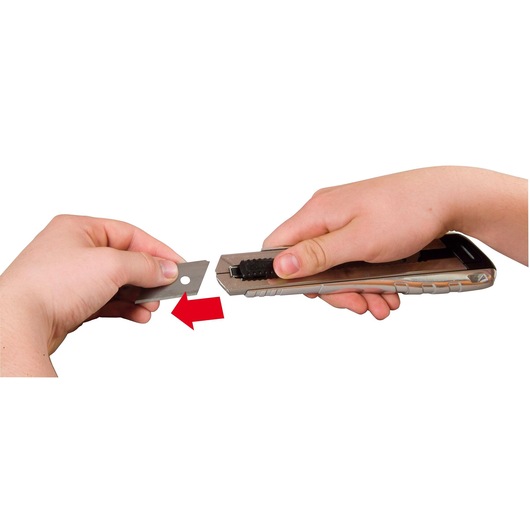 STANLEY 0-10-820 utility knife with blade being replaced, close-up with hands and red arrow, product demo.