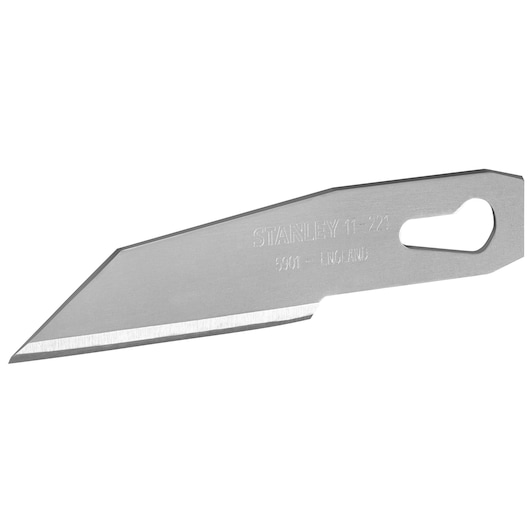 STANLEY 0-11-221 replacement utility knife blade, silver, angled edge, product photo on white background.