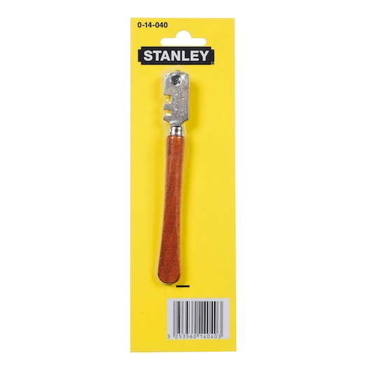 STANLEY 0-14-040 glass cutter with wooden handle in retail packaging, front angle.