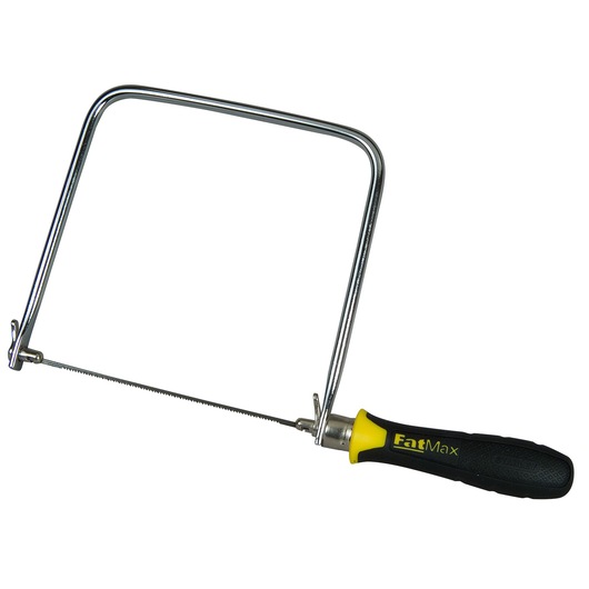 STANLEY 0-15-106 coping saw with black and yellow FatMax handle, side angle on white background.
