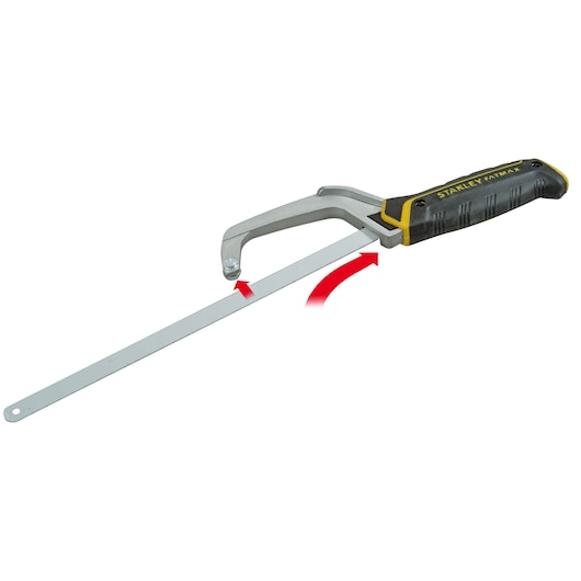 STANLEY 0-15-211 hacksaw with black and yellow handle, extended blade, side view on white background.