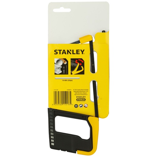 Stanley 0-15-218 compact hacksaw with yellow and black handle, packaged on a white and yellow card, front angle.
