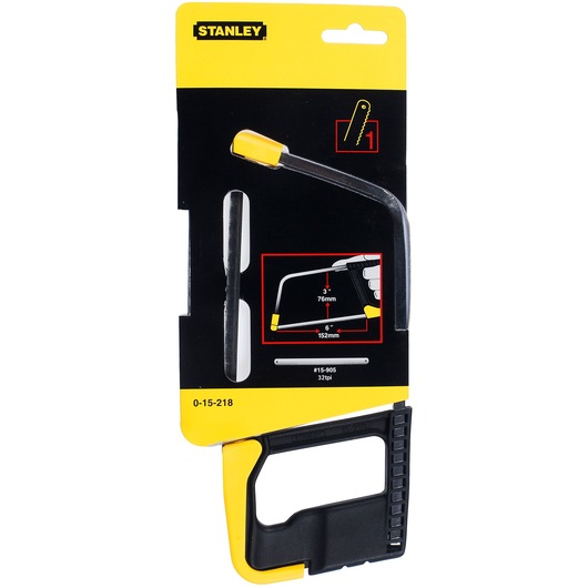 STANLEY 0-15-218 photography of hacksaw with black and yellow ergonomic handle, front angle on white background.