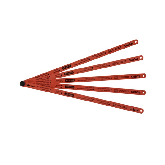 Photo of STANLEY 0-15-900 red hacksaw blades set, fanned on white background, metal cutting tools.
