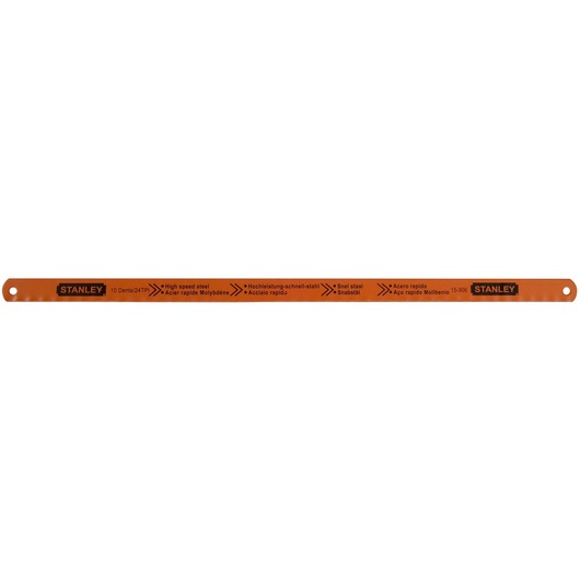 Stanley high speed steel hacksaw blade, orange with printed specifications, two holes for mounting.
