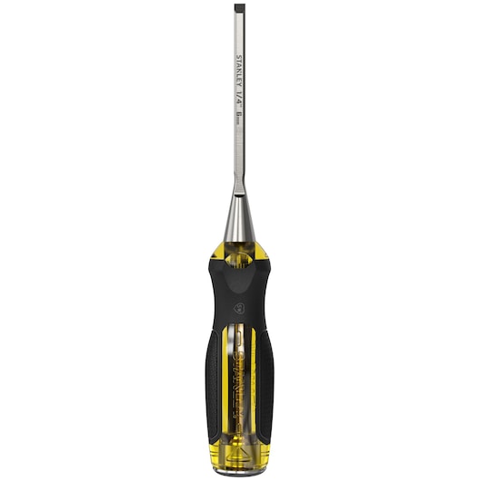Photo of STANLEY 0-16-251 chisel with yellow and black ergonomic handle, side view, on white background.