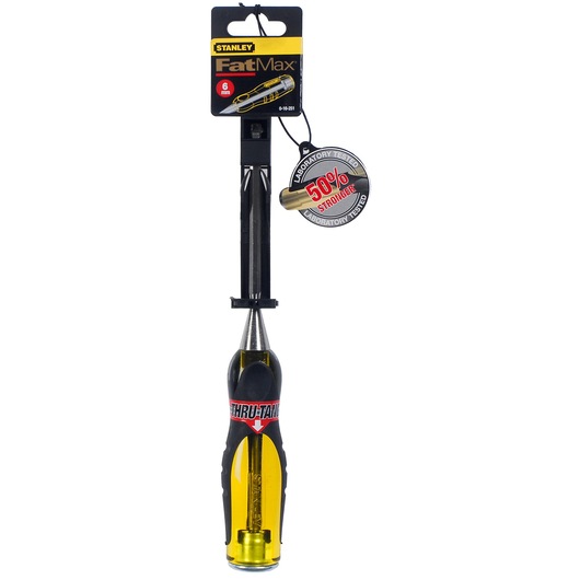 STANLEY 0-16-251 FatMax chisel, 6 mm, yellow and black handle, front angle, retail packaging.