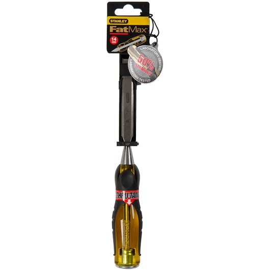 STANLEY 0-16-255 FatMax chisel, 14 mm, with yellow and black handle, front angle photo.
