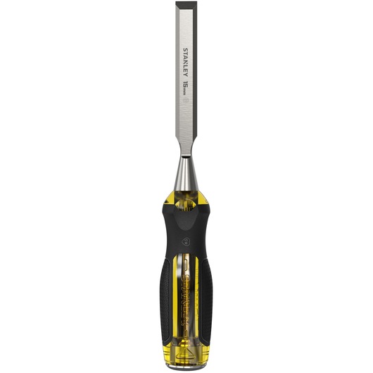 STANLEY 0-16-256 FatMax chisel, 15mm, yellow and black handle, front view on white background