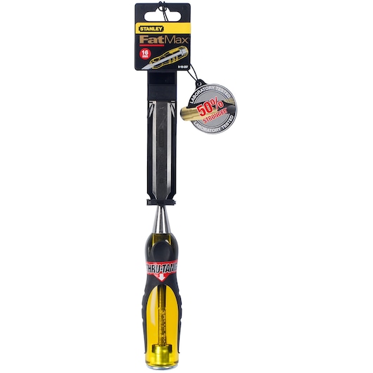 STANLEY 0-16-257 FatMax chisel 16mm, yellow and black handle, packaging, front angle, woodworking tool.