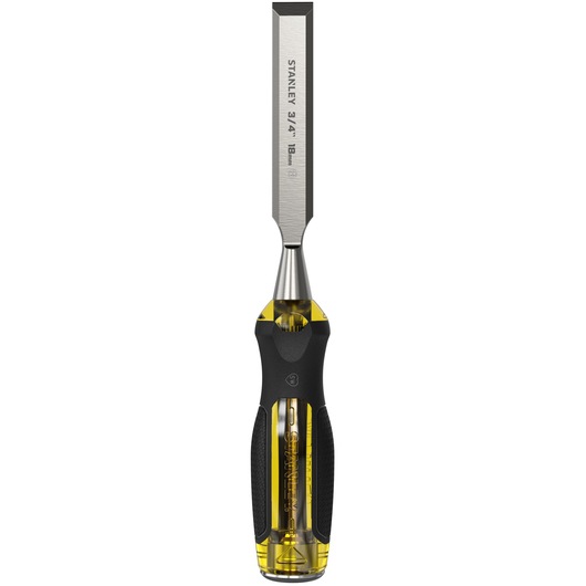 STANLEY 0-16-258 wood chisel with steel blade and yellow-black ergonomic handle, angled on white background.