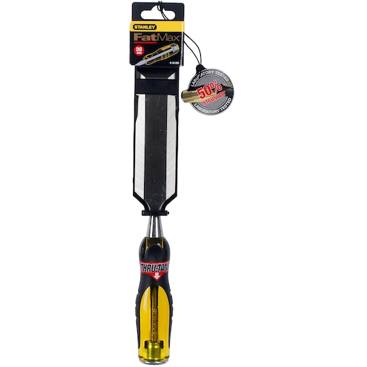 STANLEY 0-16-265 chisel with yellow and black handle, FatMax series, front angle on white background.