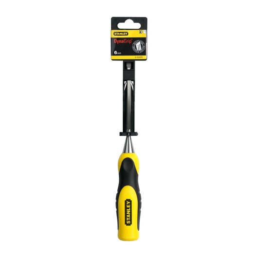 STANLEY 0-16-870 chisel with DynaGrip yellow and black handle, front angle on white background.