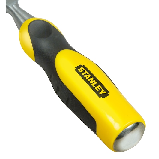 STANLEY 0-16-880 chisel handle, yellow and black ergonomic grip, side angle, on white background.