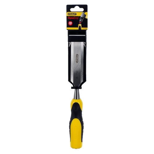 STANLEY 0-16-890 chisel with yellow and black DynaGrip handle, front view on white background.