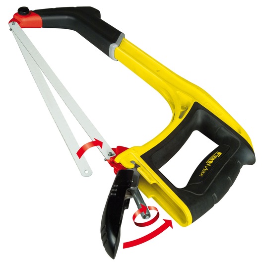 STANLEY 0-20-108 hacksaw with yellow and black handle, angled white blade, side view, assembly instructions shown.