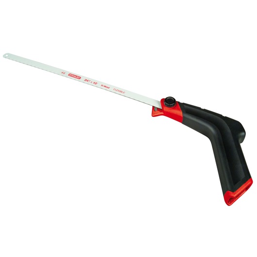 STANLEY 0-20-108 hacksaw with black and red ergonomic handle and exposed metal blade, side angle on white background.