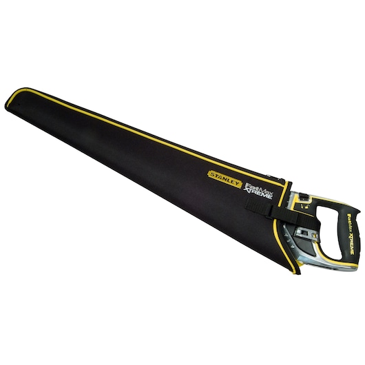 STANLEY 0-20-255 hand saw in black and yellow protective case, side angle on white background.