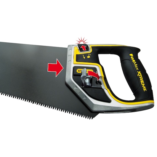 STANLEY 0-20-255 hand saw with black blade and yellow-black handle, close-up showing adjustment features, side angle.