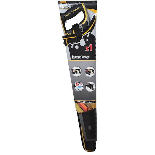 Stanley 0-20-255 hand saw, FatMax XTREME, black and yellow, front angle, packaged in sheath.
