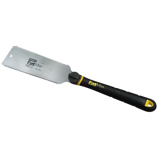STANLEY 0-20-501 hand pull saw with black and yellow handle, side view on white background.