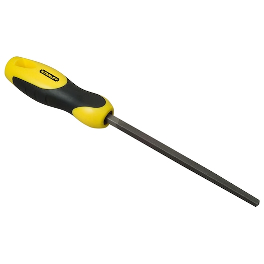 STANLEY 0-22-458 hand file with yellow and black ergonomic handle, angled view on white background.