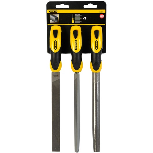 STANLEY 0-22-464 file set, 3-piece, yellow and black handles, front view on white background.