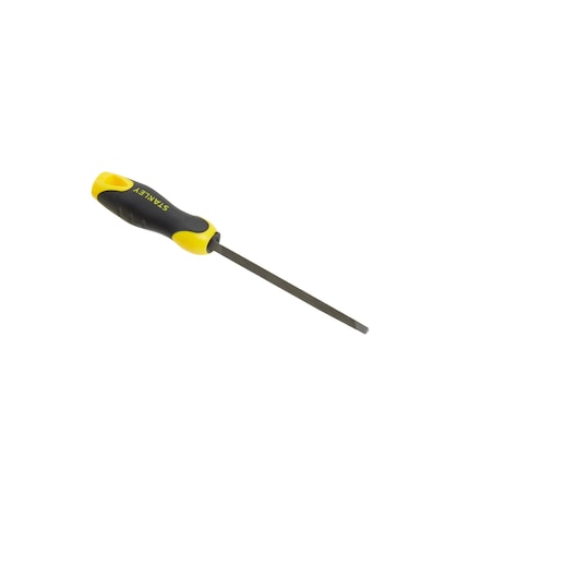 Stanley hand file with yellow and black handle for metal or wood shaping, shown on a white background.