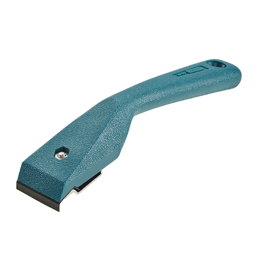 STANLEY 0-28-617 blue textured handle paint scraper, side angle photography on white background.