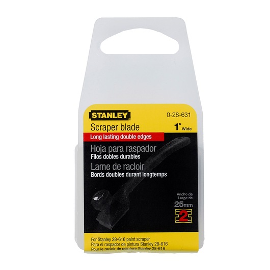 Photo of STANLEY 0-28-631 scraper blade package, yellow and black, for paint scraper, 1 inch wide, front view.
