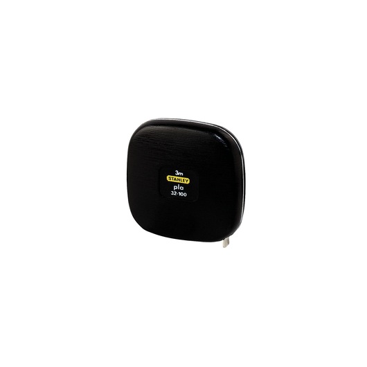 STANLEY 0-32-100 compact black measuring tape, square case, front angle, photography on white background.
