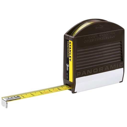 Stanley Panoramic 3m tape measure, brown and yellow, extended for precise measurements.