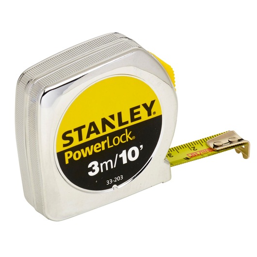 Stanley PowerLock tape measure, 3m/10ft, metallic casing with yellow retractable measuring tape.