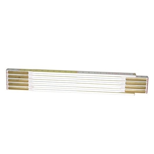 STANLEY 0-35-458 folding wooden ruler, yellow and white, product photography on white background.