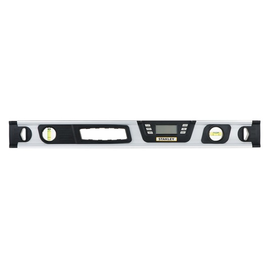 STANLEY 0-42-065 digital spirit level with LCD display, silver and black, front angle on white background.