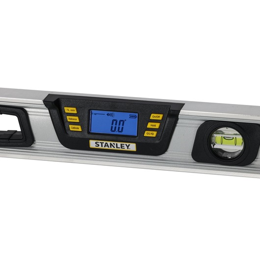 Photo of STANLEY 0-42-065 digital spirit level, silver body, LCD display, bubble vial, close-up, white background.