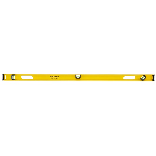 Photo of STANLEY 0-42-076 yellow spirit level, front view, with three vials and two handles.