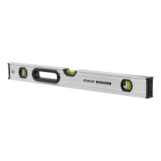 Stanley FatMax spirit level with three bubble vials and a handle, silver body, black accents.