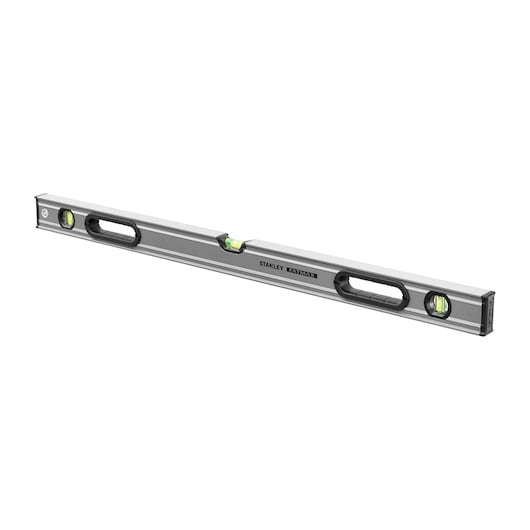 STANLEY 0-43-636 spirit level with three vials, silver body, black handles, angled view on white background.