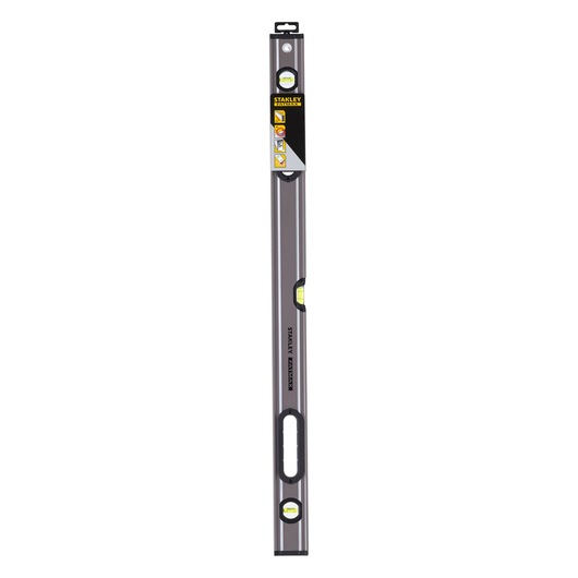 STANLEY 0-43-636 spirit level, gray metal body, three bubble vials, front angle, photography.