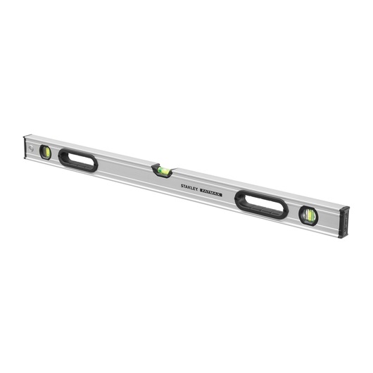 STANLEY 0-43-637 spirit level, silver with three green vials and two black handles, angled view on white background.