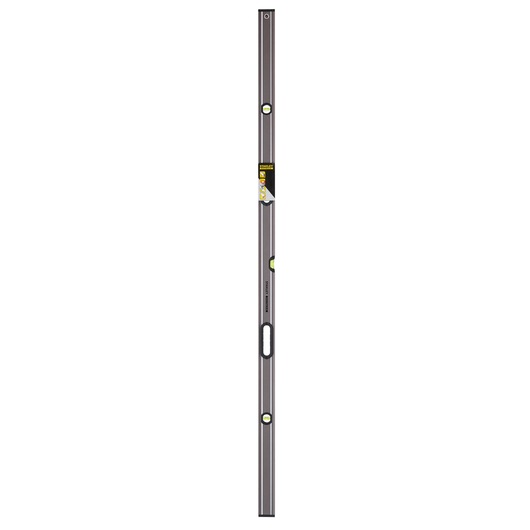 Photo of STANLEY 0-43-672 spirit level, silver color, front view with bubble vials and handle.