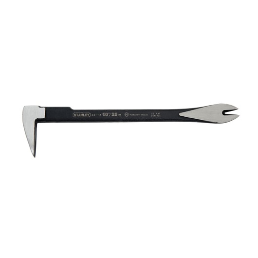 STANLEY 0-55-114 steel flat pry bar tool, black and silver, side angle on white background.