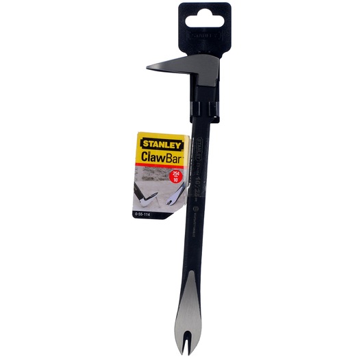 STANLEY 0-55-114 claw bar tool, straight-on angle, black steel with silver tip, packaging tag visible.