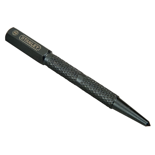STANLEY 0-58-120 black steel centre punch with textured grip, side angle on white background.